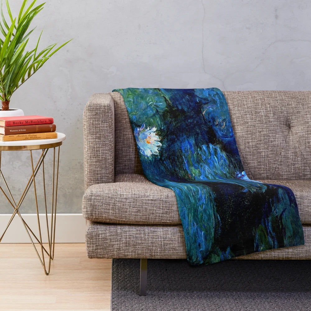 Blue and white floral plush blanket featuring Monet's water lilies painting