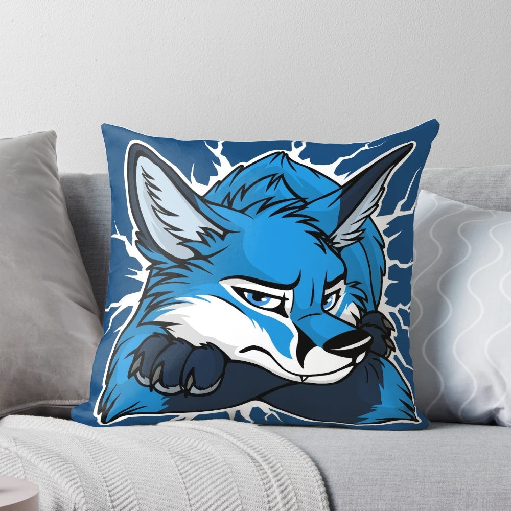 Whimsical blue fox decorative pillow with cracked white texture, perfect for adding a touch of humor to your home decor.