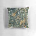 Blue and green floral tapestry pillow with pheasant bird and fox in a woodland setting