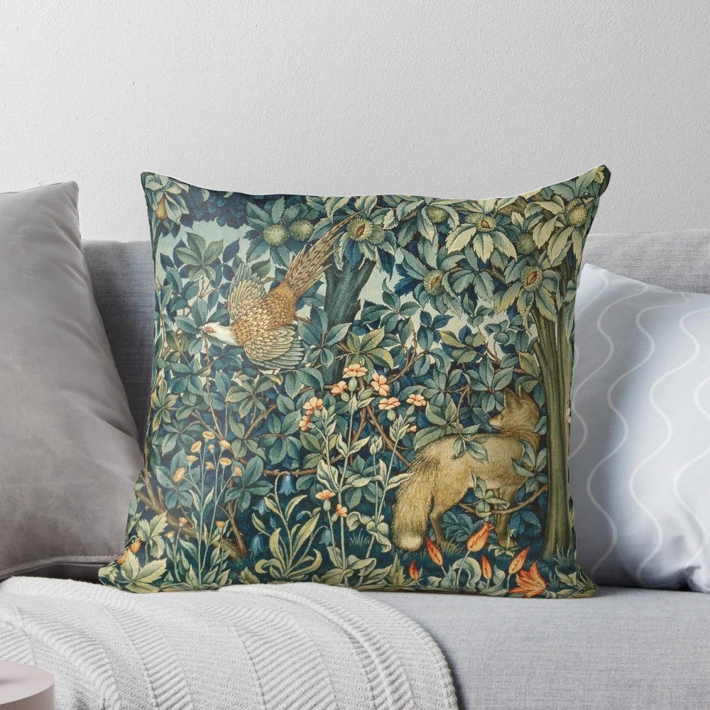 Blue and green floral tapestry pillow with pheasant bird and fox in a woodland setting