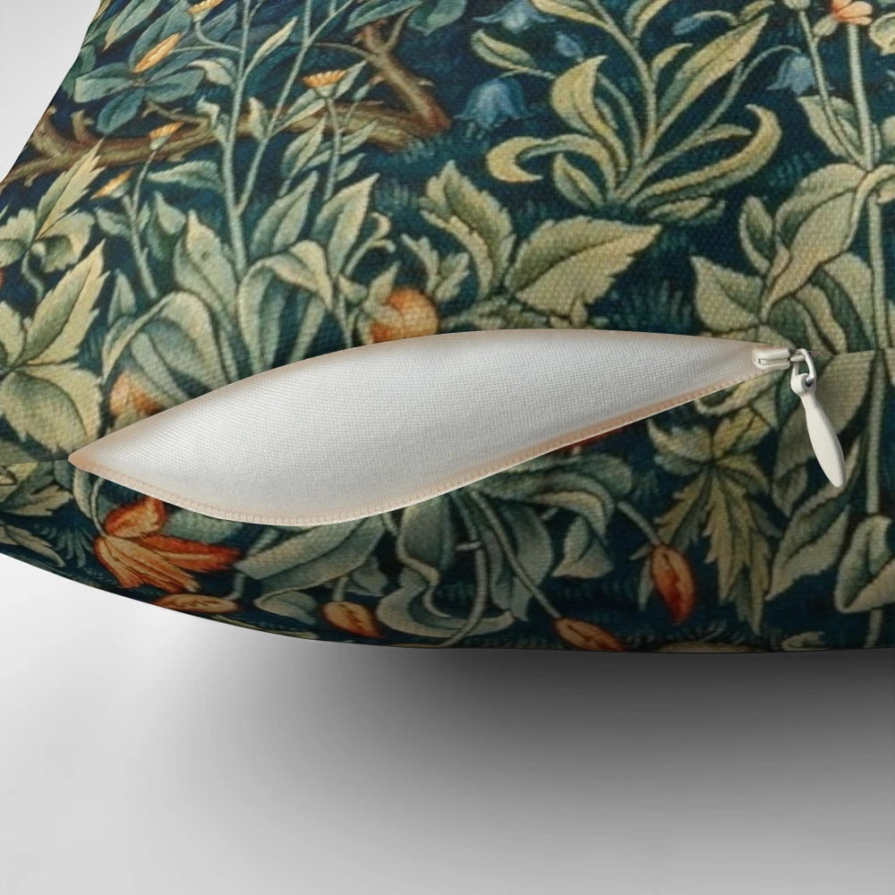 Blue and green floral tapestry pillow with pheasant bird and fox in a woodland setting