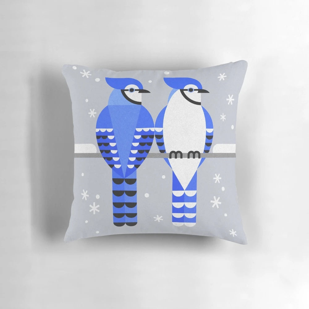 Vibrant digital illustration of a blue jay perched on a snowy branch