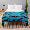 Blue plush blanket featuring a cartoon design of greyhounds, whippets, and lurchers