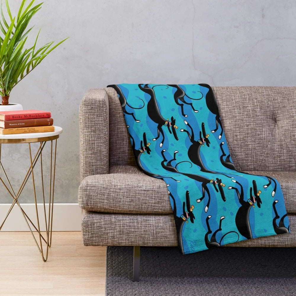 Blue plush blanket featuring a cartoon design of greyhounds, whippets, and lurchers