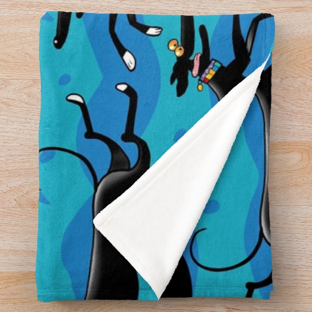 Blue plush blanket featuring a cartoon design of greyhounds, whippets, and lurchers