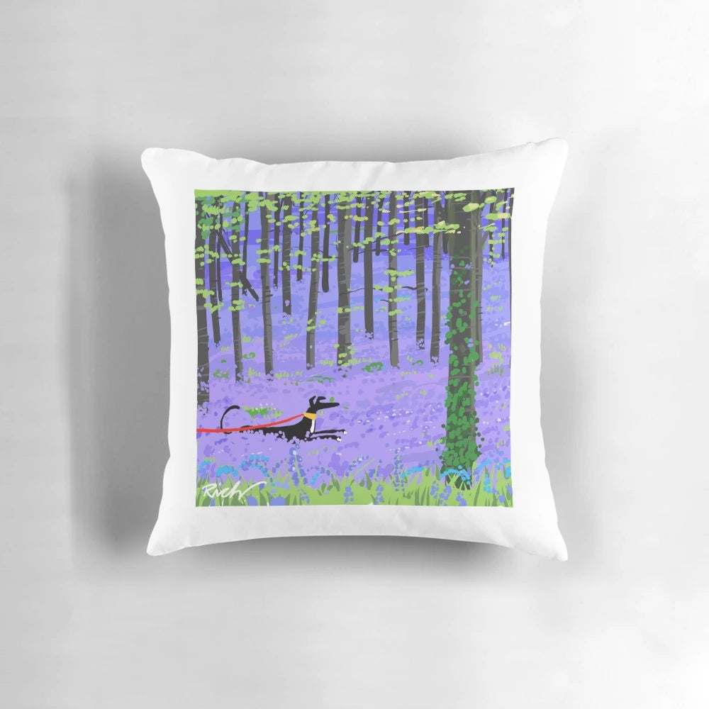Bluebell Hound Pillow featuring a greyhound design on a nature-inspired background
