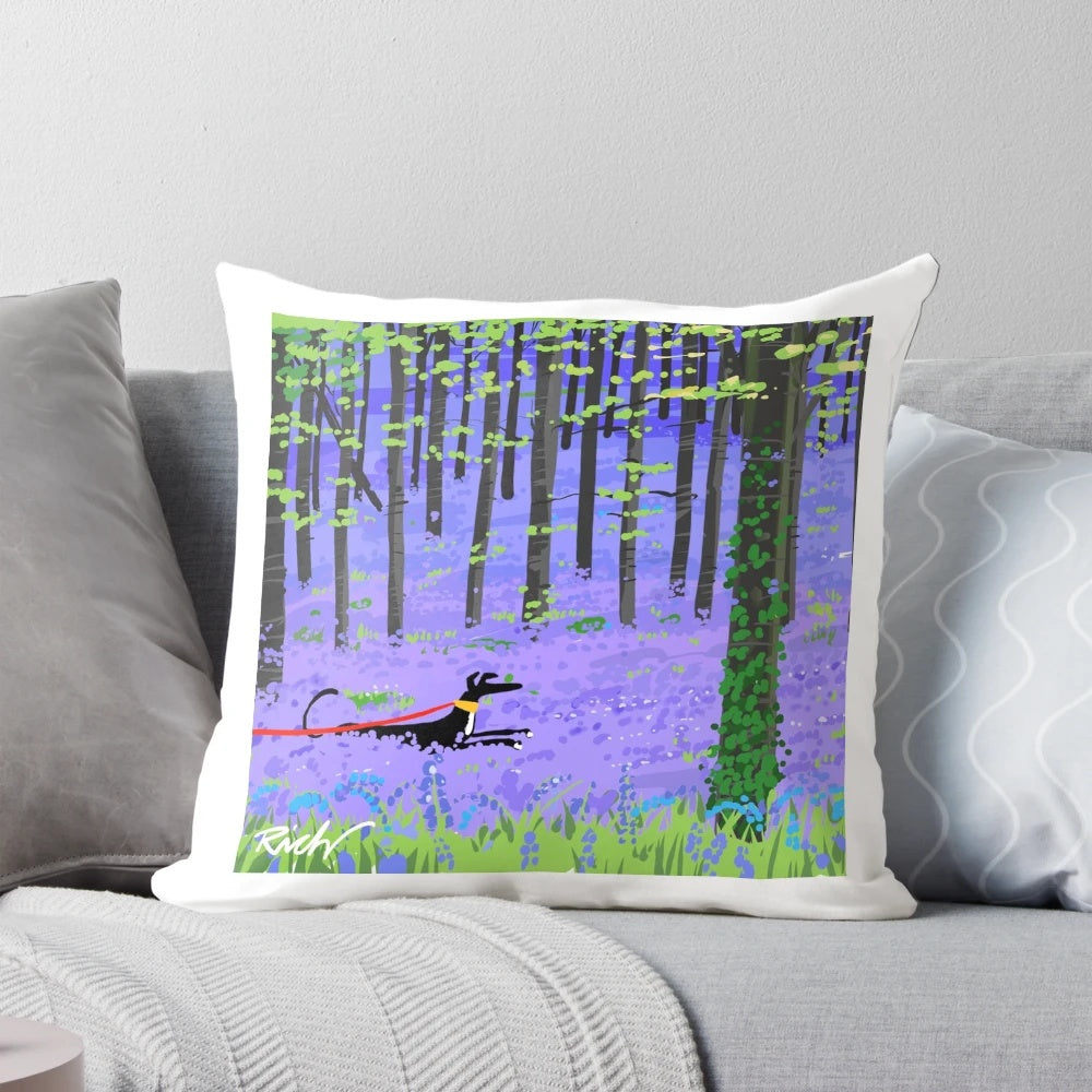Bluebell Hound Pillow featuring a greyhound design on a nature-inspired background