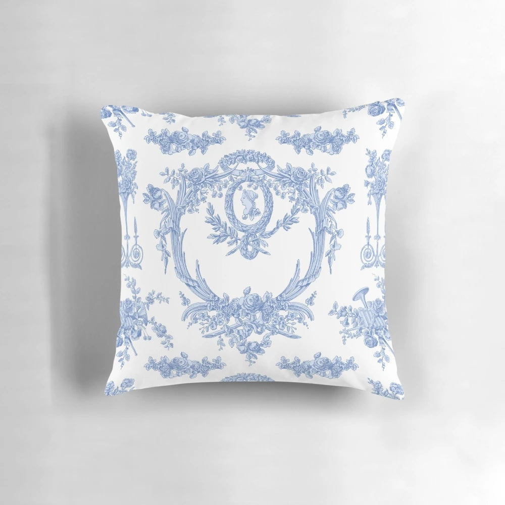 Blueberry and white floral patterned French country style decorative throw pillow