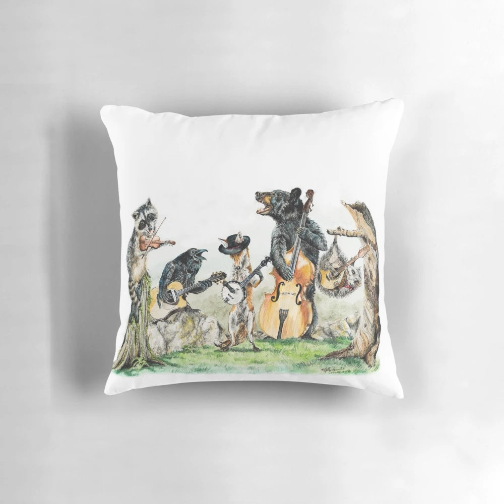 Colorful watercolor illustration of a bluegrass band of forest animals on a throw pillow