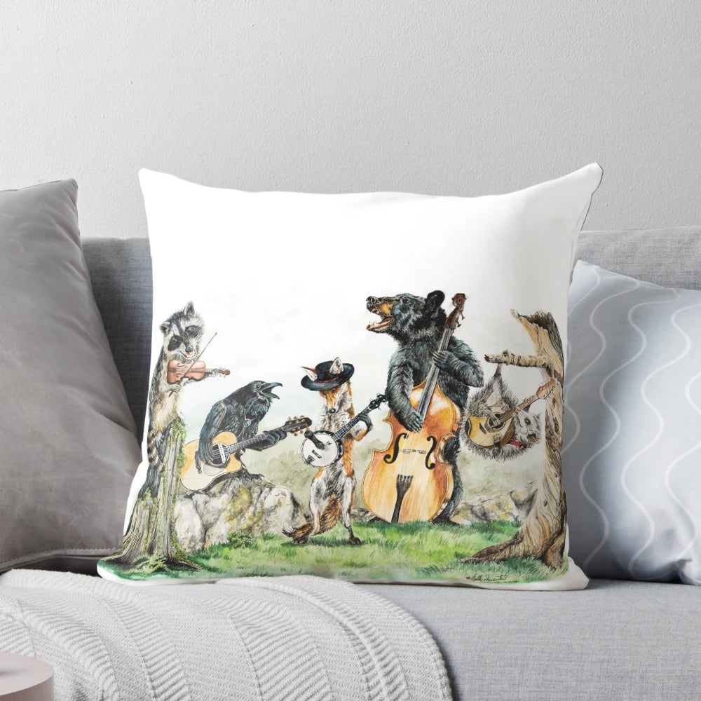 Colorful watercolor illustration of a bluegrass band of forest animals on a throw pillow