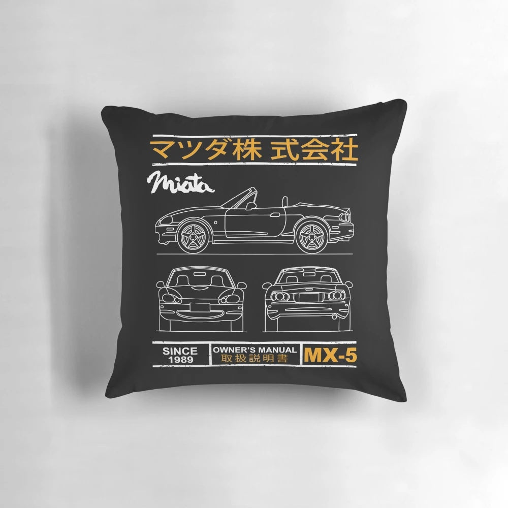 Blueprint design of the Mazda MX-5 Miata sports car printed on a comfortable pillow