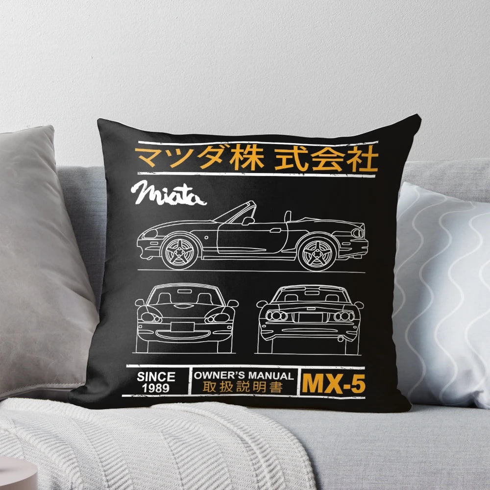 Blueprint design of the Mazda MX-5 Miata sports car printed on a comfortable pillow