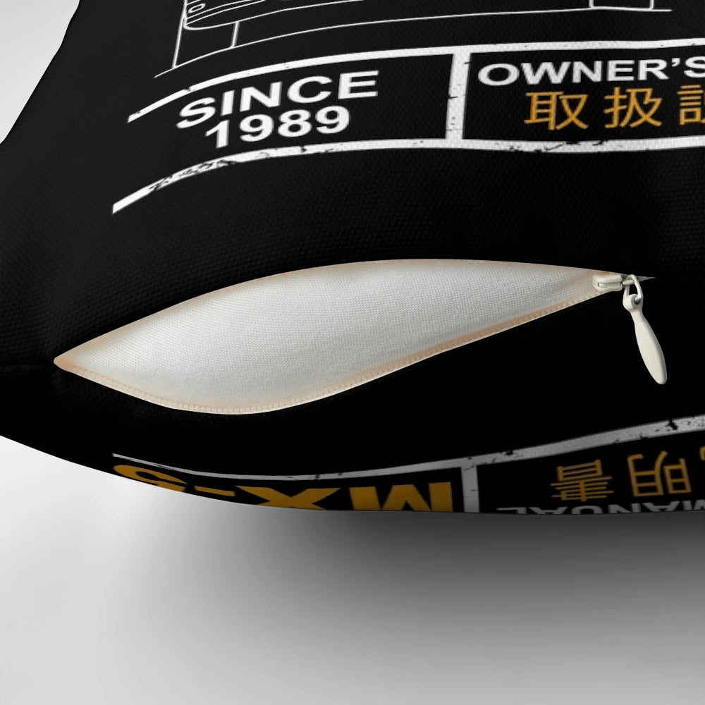 Blueprint design of the Mazda MX-5 Miata sports car printed on a comfortable pillow