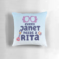 "Colorful 'Every Janet Needs a Rita' pillow featuring characters from the popular Bluey cartoon series"