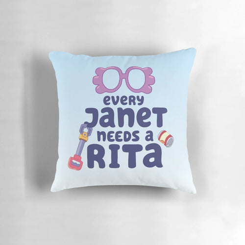 "Colorful 'Every Janet Needs a Rita' pillow featuring characters from the popular Bluey cartoon series"