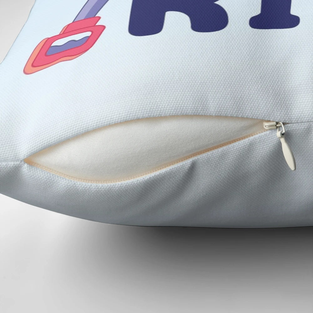 "Colorful 'Every Janet Needs a Rita' pillow featuring characters from the popular Bluey cartoon series"