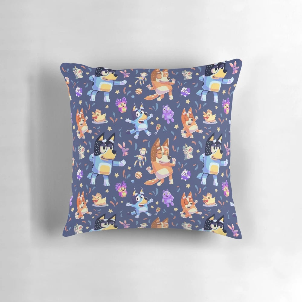 A plush pillow featuring a colorful and whimsical Bluey-inspired seamless pattern design.