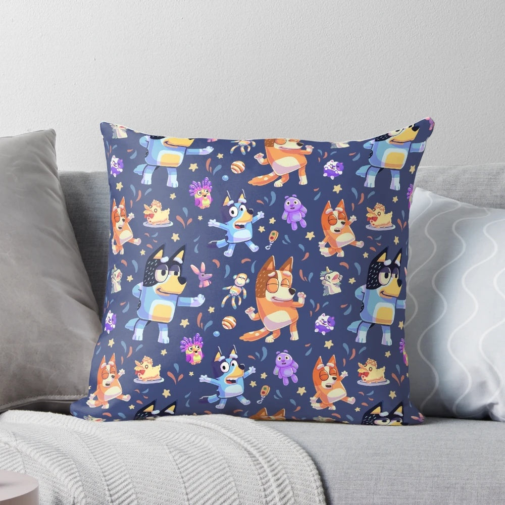 A plush pillow featuring a colorful and whimsical Bluey-inspired seamless pattern design.