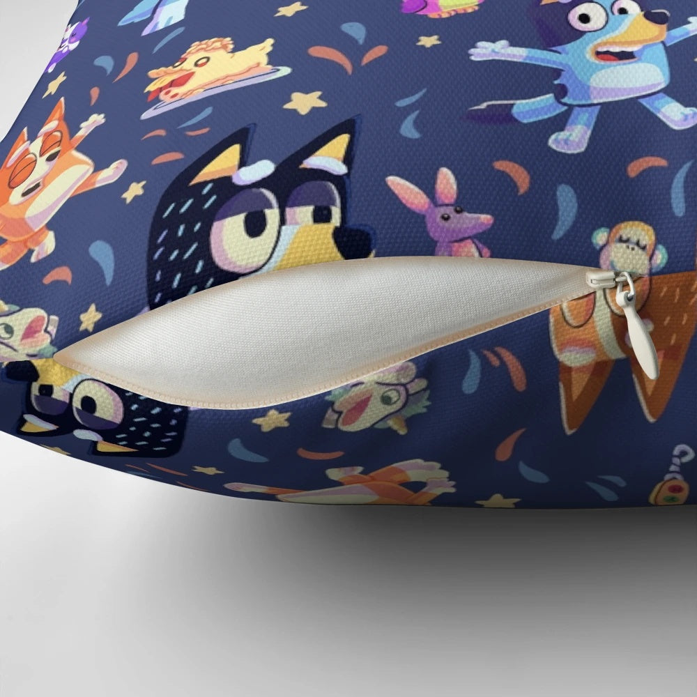 A plush pillow featuring a colorful and whimsical Bluey-inspired seamless pattern design.