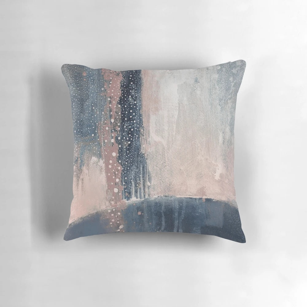 Blush pink and navy blue abstract modern art minimalist pillow with dot and splatter design