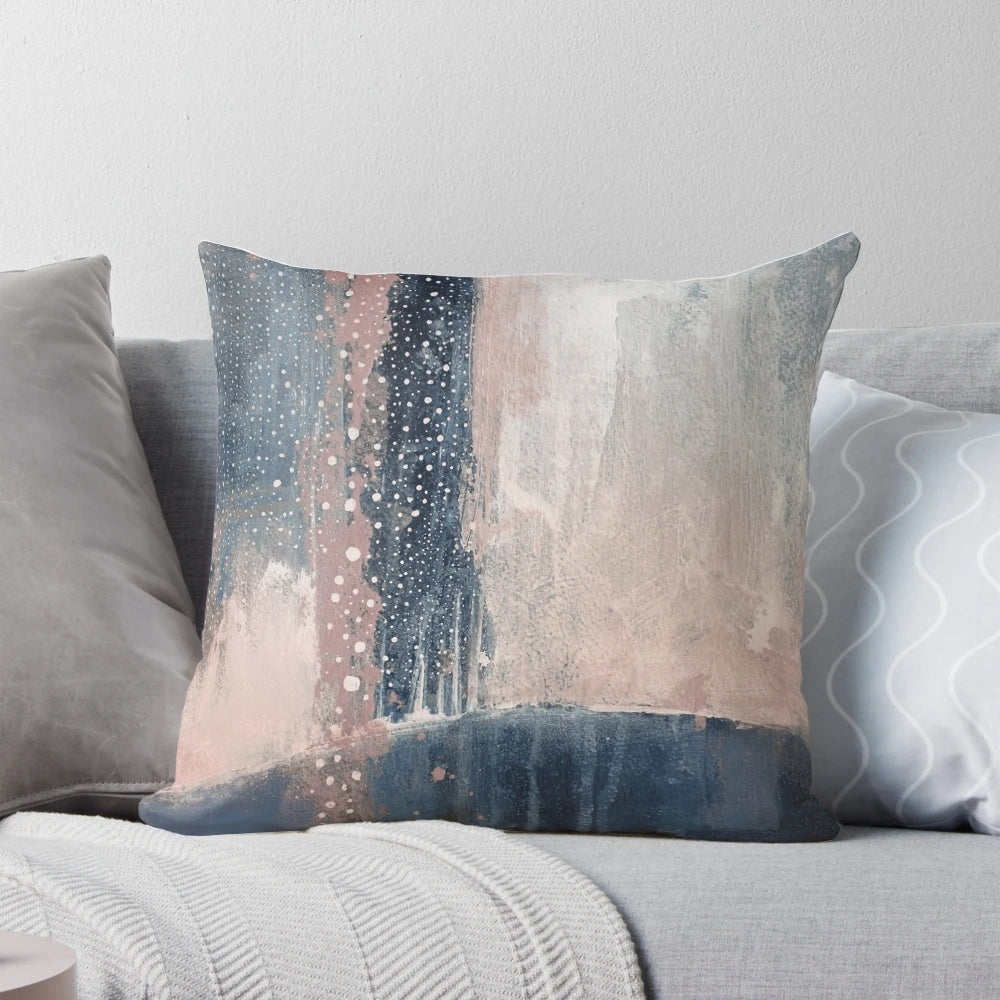 Blush pink and navy blue abstract modern art minimalist pillow with dot and splatter design