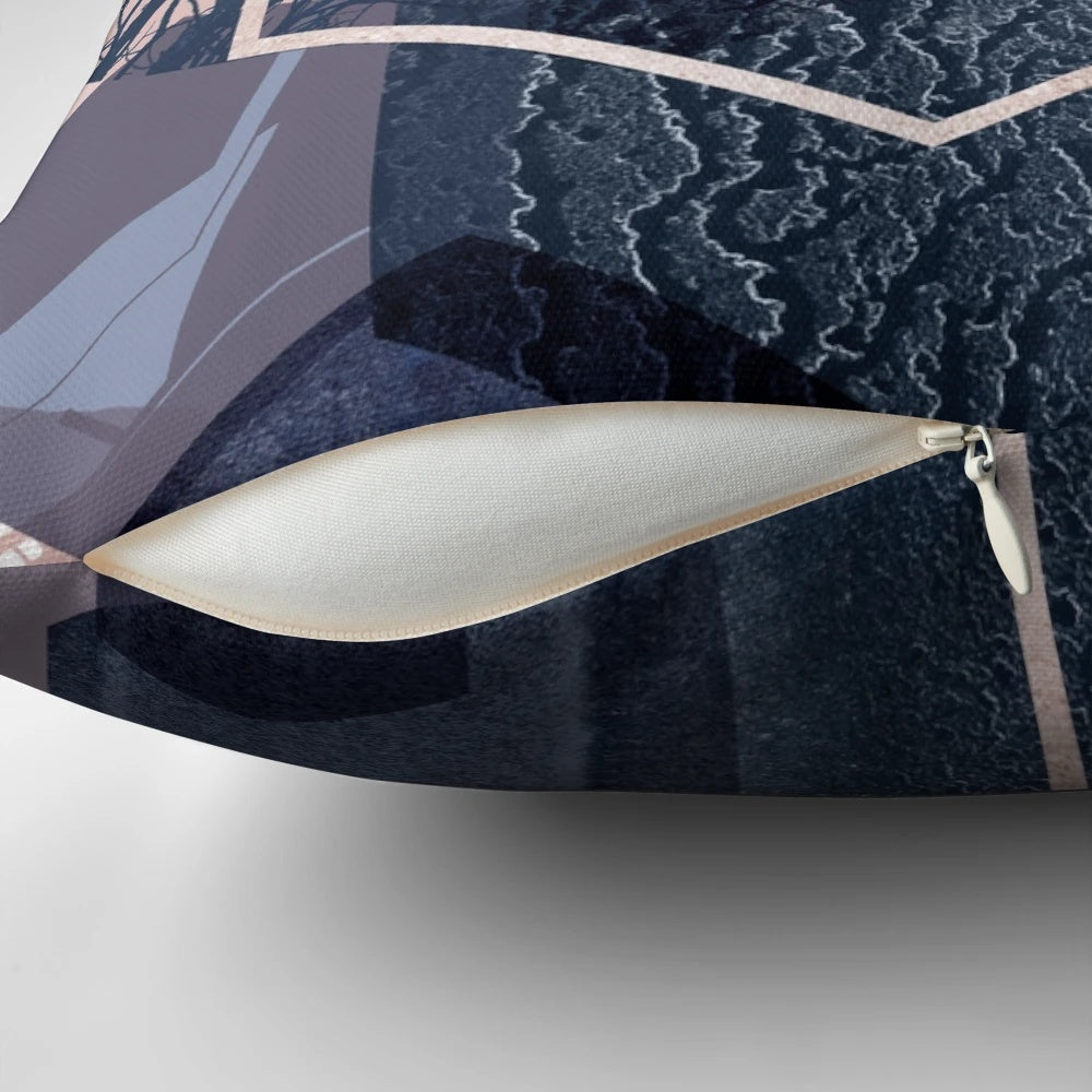 Abstract landscape pillow featuring a modern hexagon pattern in soft pastel shades of blush pink and navy blue.