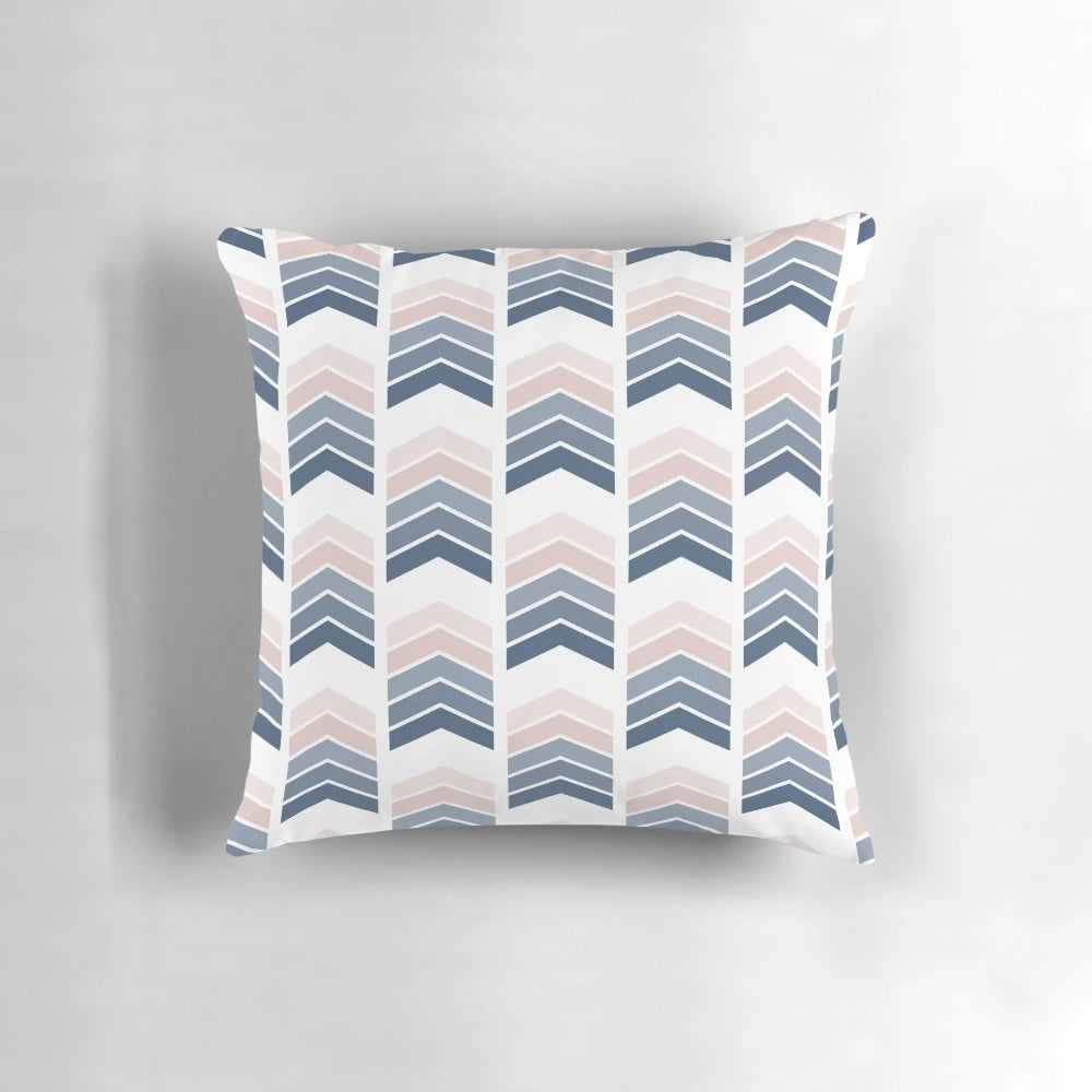Blush pink and navy blue geometric scandi pattern throw pillow
