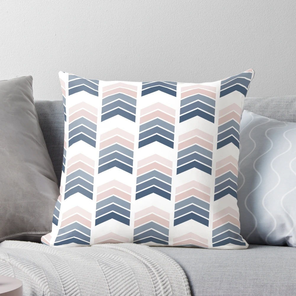 Blush pink and navy blue geometric scandi pattern throw pillow