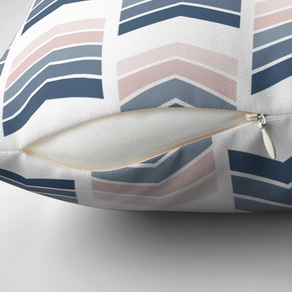 Blush pink and navy blue geometric scandi pattern throw pillow