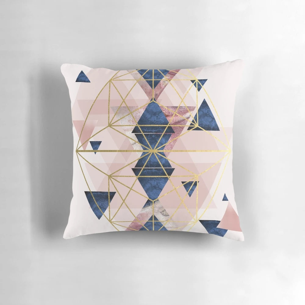 Blush pink and navy geometric abstract art throw pillow for living room or bedroom decor