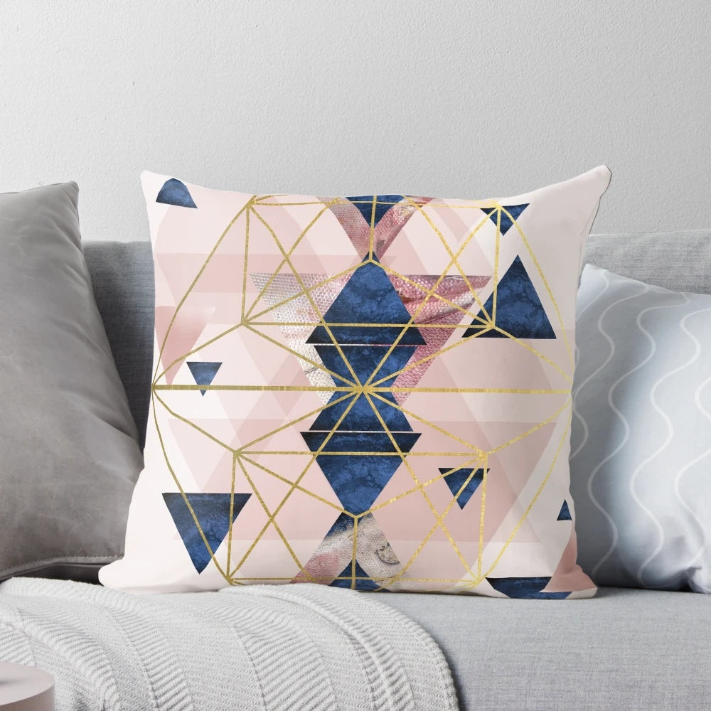Blush pink and navy geometric abstract art throw pillow for living room or bedroom decor