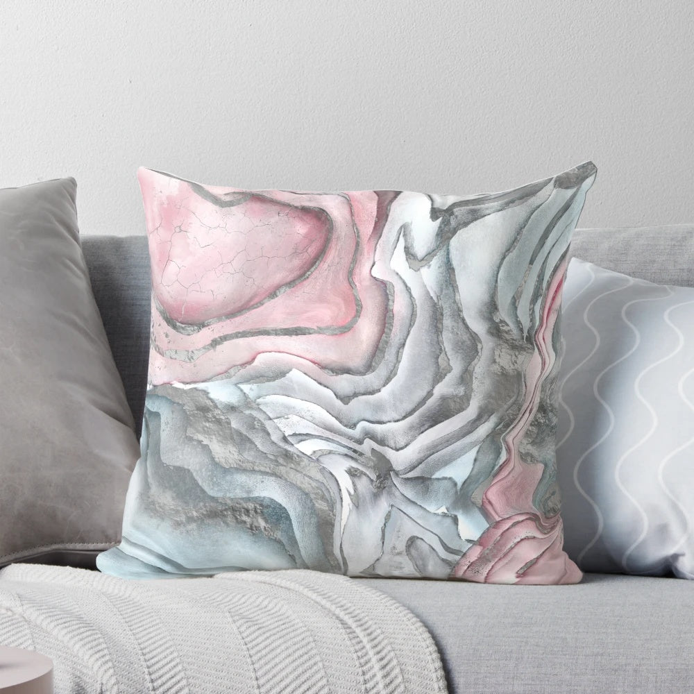 Blush rose marble pastel pink and grey abstract art pillow