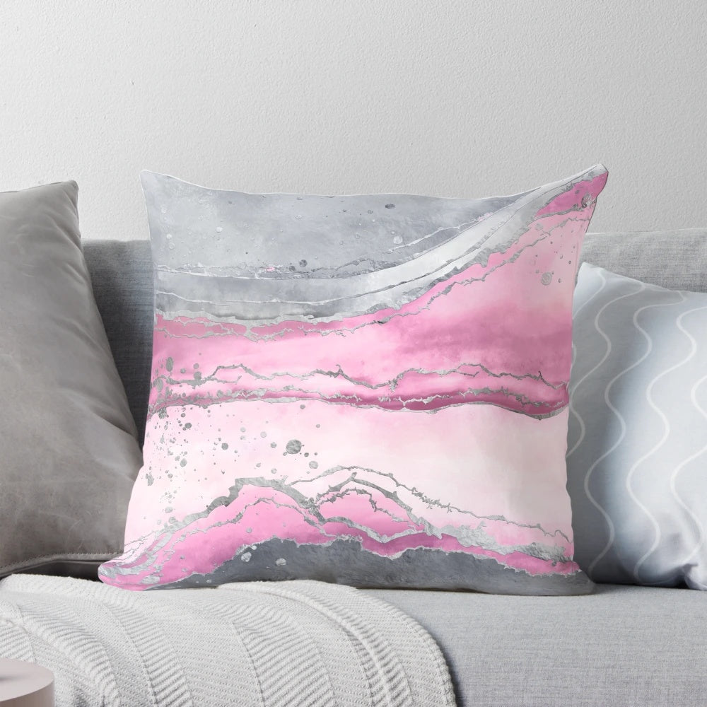Blush rose marble decorative pillow with soft pastel pink and grey tones