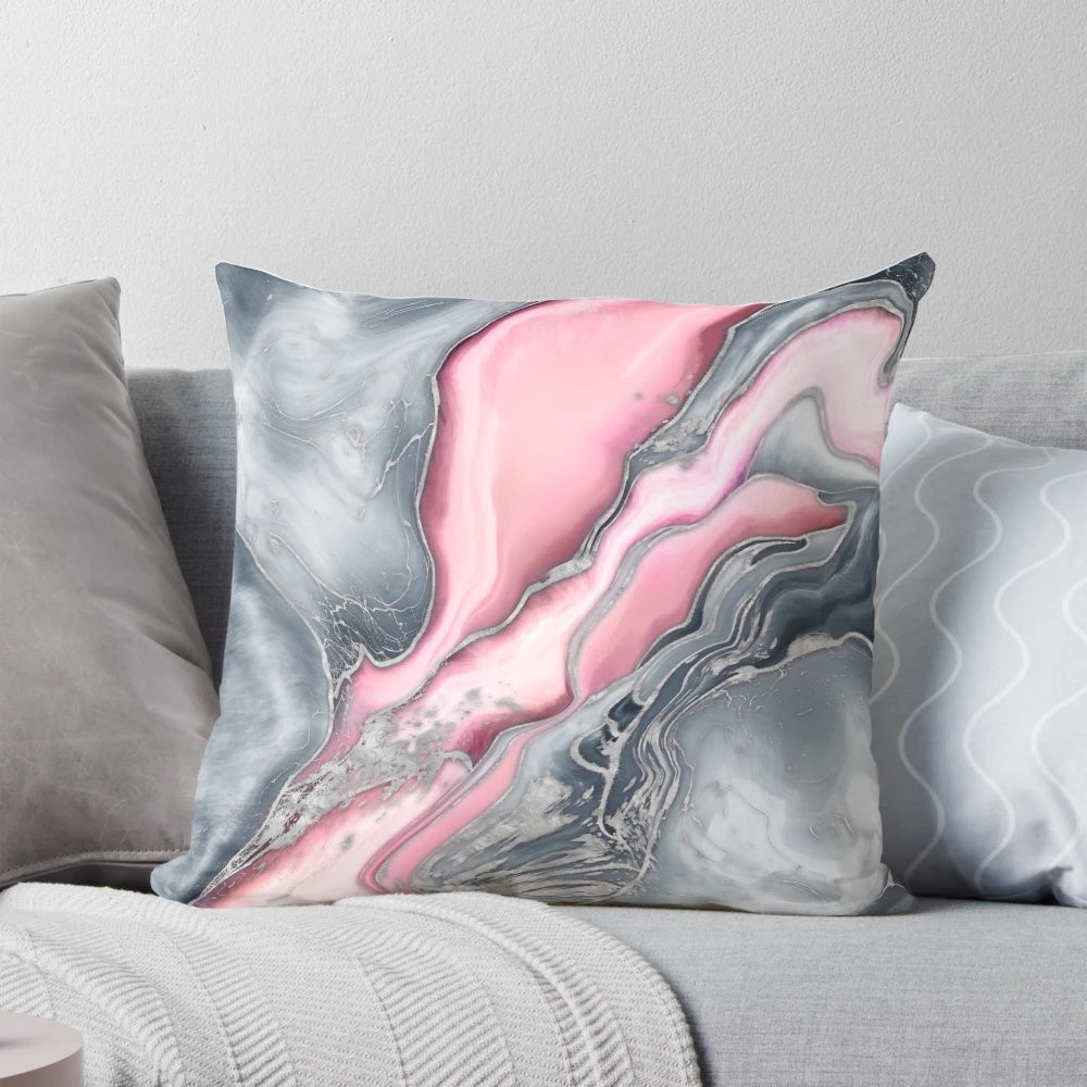 Blush rose marble decorative throw pillow with pastel pink and grey accents