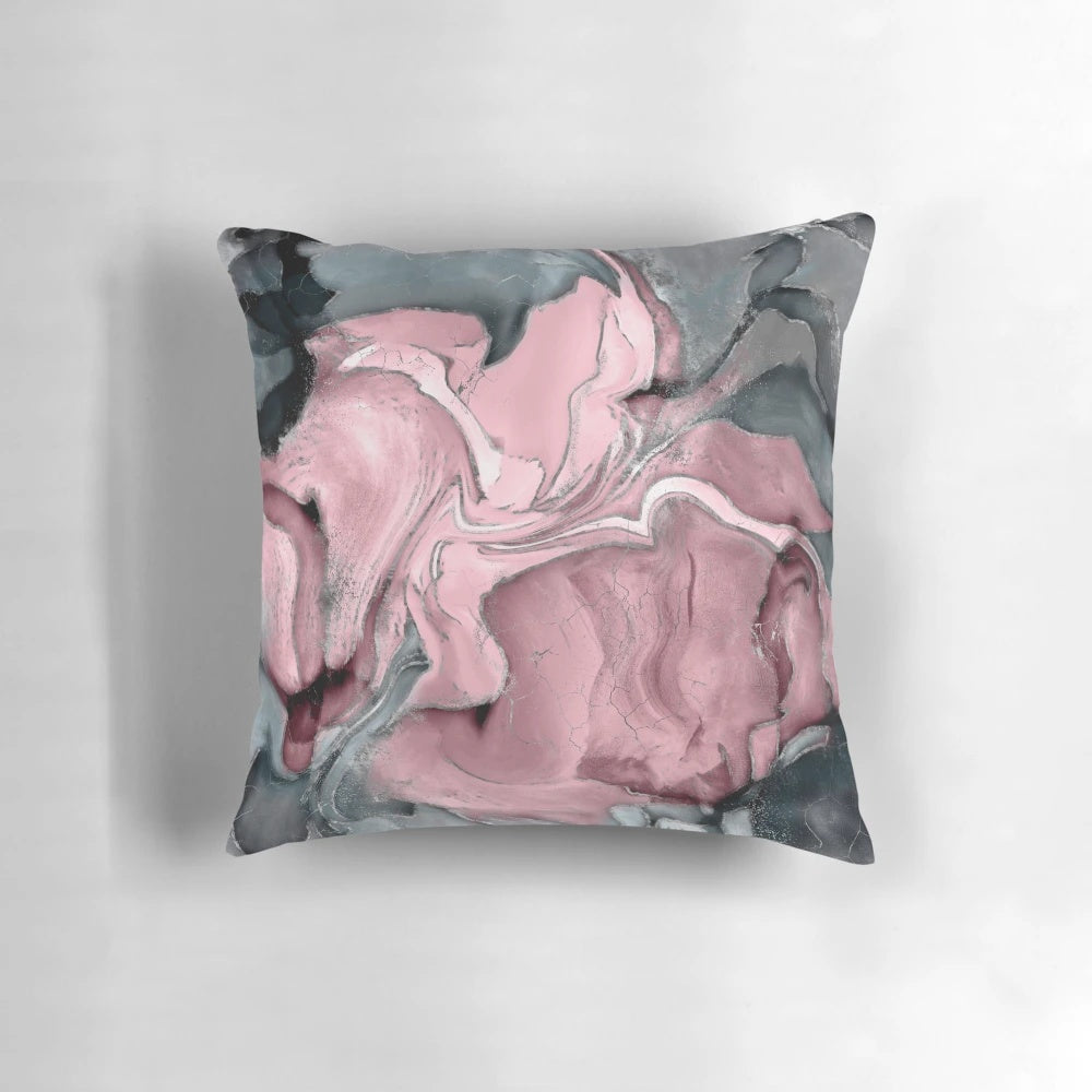 A beautiful blush rose watercolor pillow with pastel pinks, greys, and metallic accents.