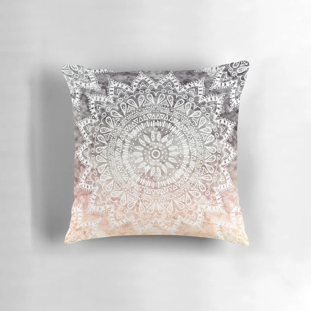 Bohemian hygge mandala throw pillow with white ink and watercolor design