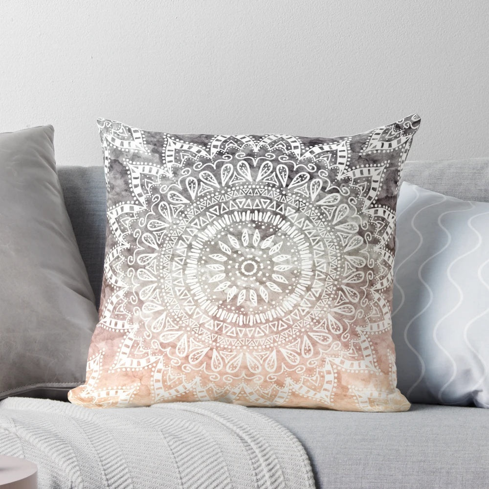 Bohemian hygge mandala throw pillow with white ink and watercolor design