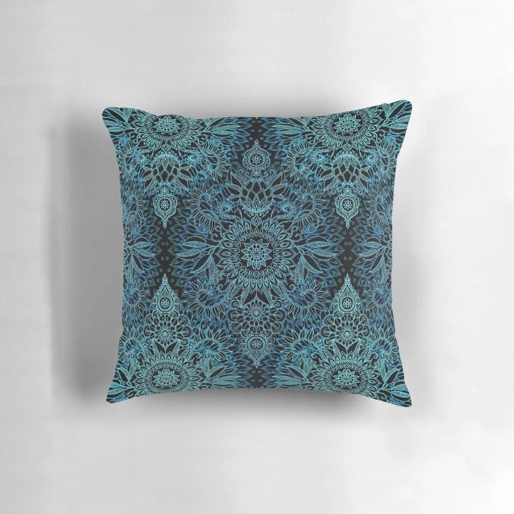 Decorative black, teal and aqua protea doodle pattern pillow