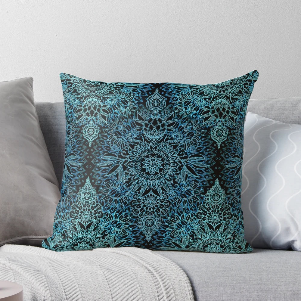 Decorative black, teal and aqua protea doodle pattern pillow