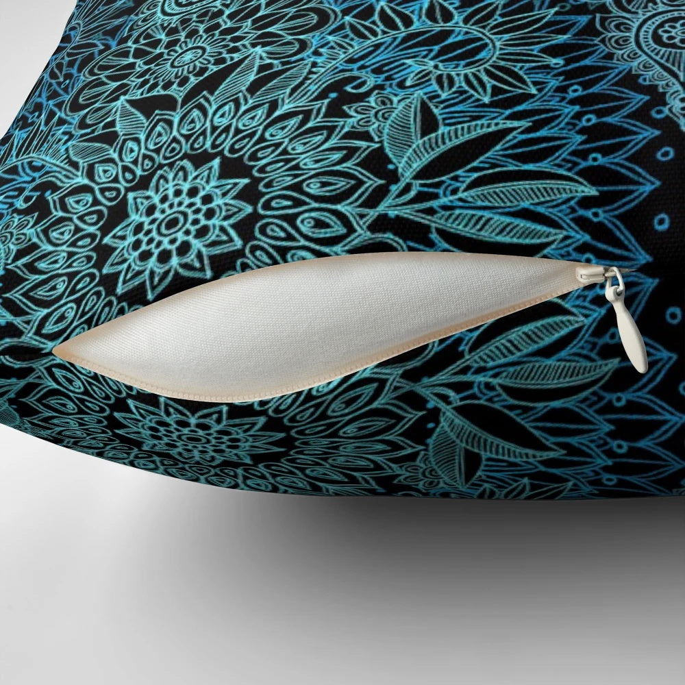 Decorative black, teal and aqua protea doodle pattern pillow