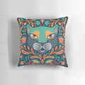 Vibrant folk art jaguar throw pillow with floral and tribal patterns