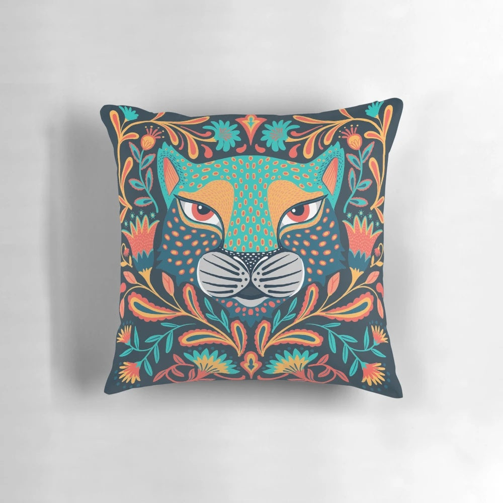 Vibrant folk art jaguar throw pillow with floral and tribal patterns