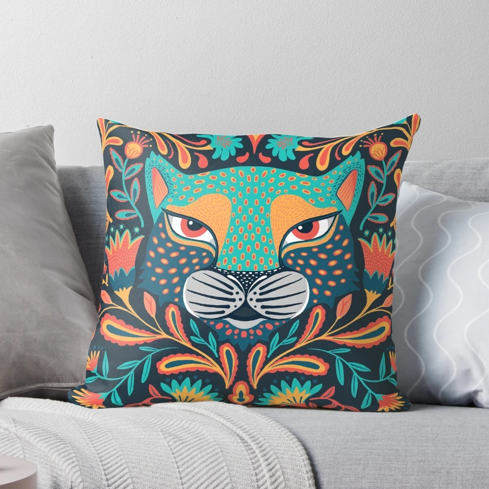 Vibrant folk art jaguar throw pillow with floral and tribal patterns