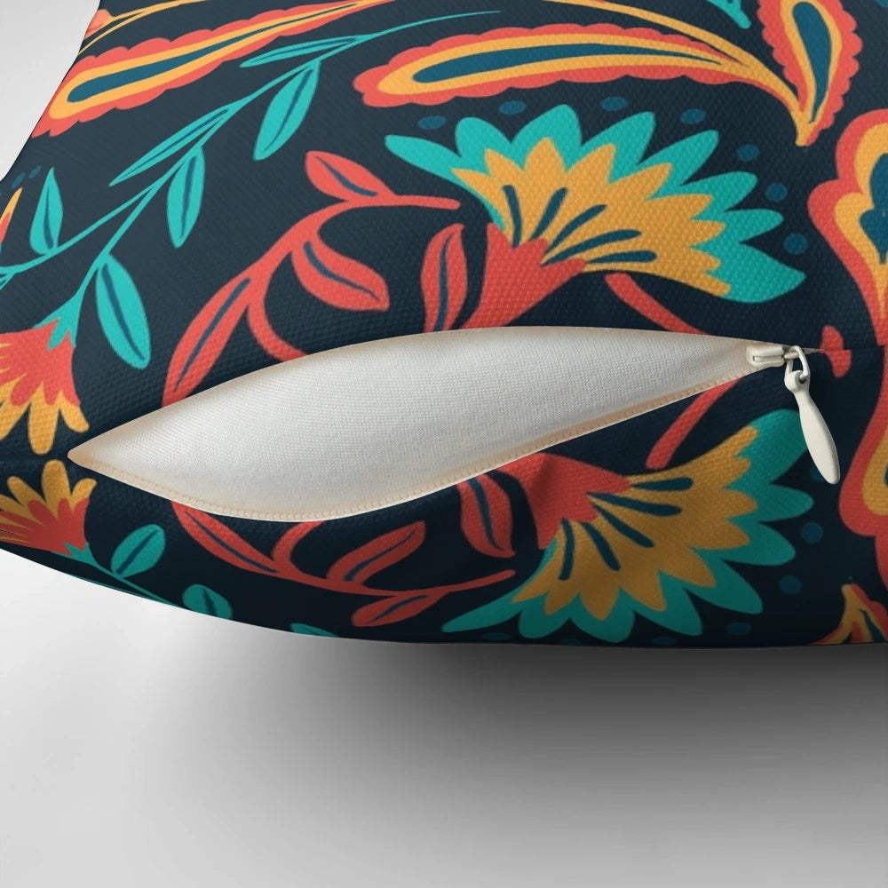Vibrant folk art jaguar throw pillow with floral and tribal patterns