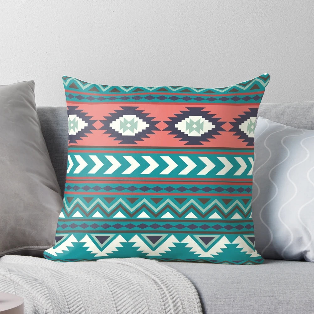 Bohemian turquoise teal terracotta tribal aztec pattern decorative pillow