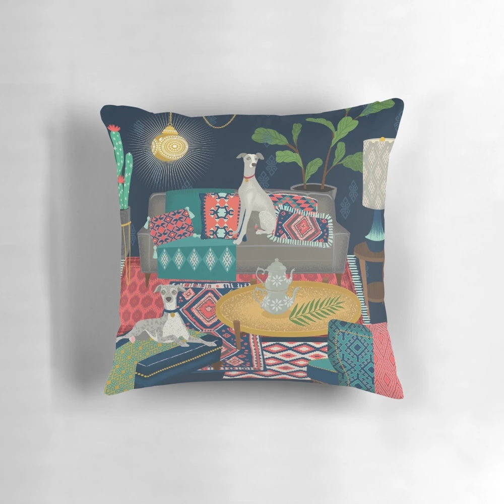 Bohemian whippet decorative throw pillow featuring an ikat and kilim inspired design