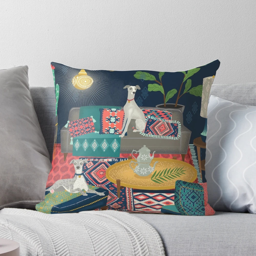 Bohemian whippet decorative throw pillow featuring an ikat and kilim inspired design