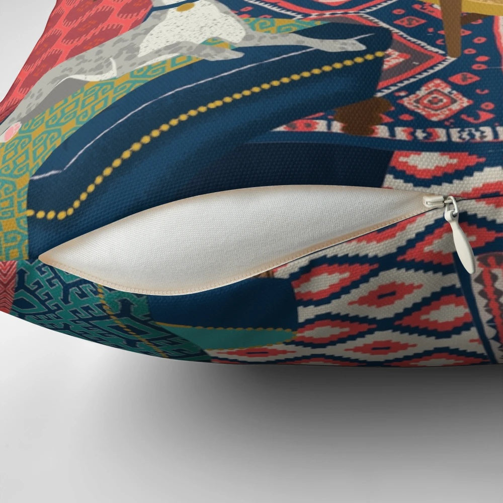 Bohemian whippet decorative throw pillow featuring an ikat and kilim inspired design