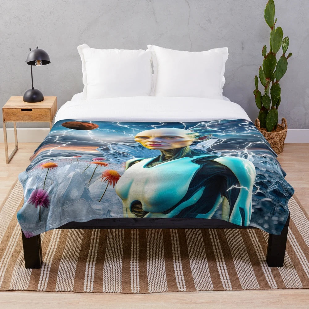 Boho alien plush blanket with space and floral patterns