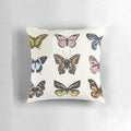 A soft, plush pillow featuring a colorful butterfly sticker pattern in pastel shades of pink, yellow, and mustard.